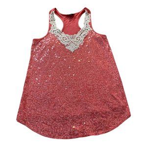 Express sequin Tank top size XS Coral Pink Racerback Crochet Lace trim